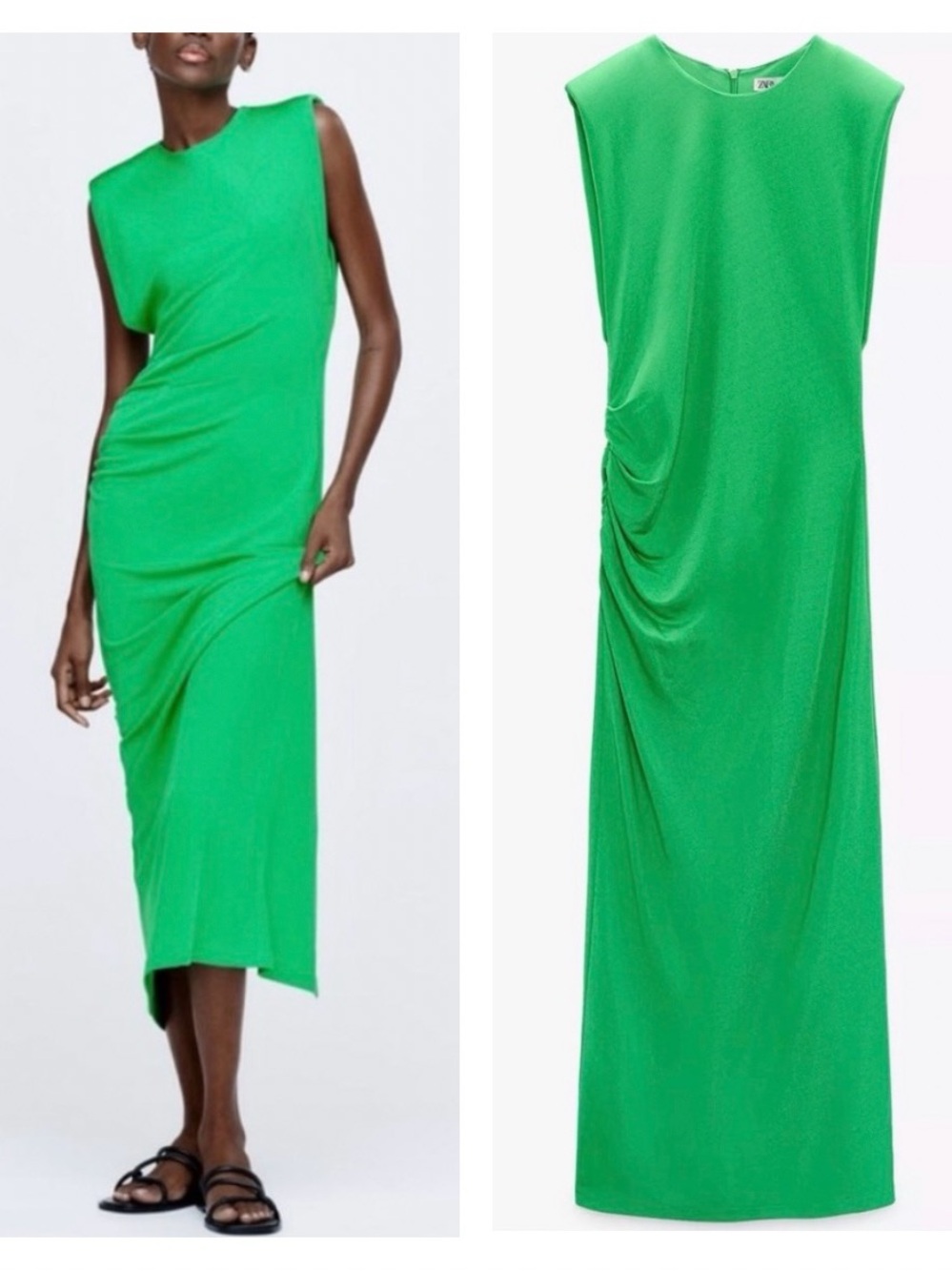 ZARA | Womenβs Emerald Green Sleeveless Padded Shoulder Draped Maxi Dress size M